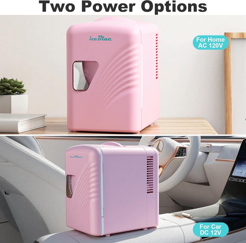 Iceblue Mini Fridge, Retro 4Liter /6 Cans Tiny Fridge, AC Plug & 12V Car Charger Skincare Fridge, Compact & Portable 4A Cooling Small Refrigerator for Bedroom, Car, Office, Dorm, Gift - Pink - Image 5